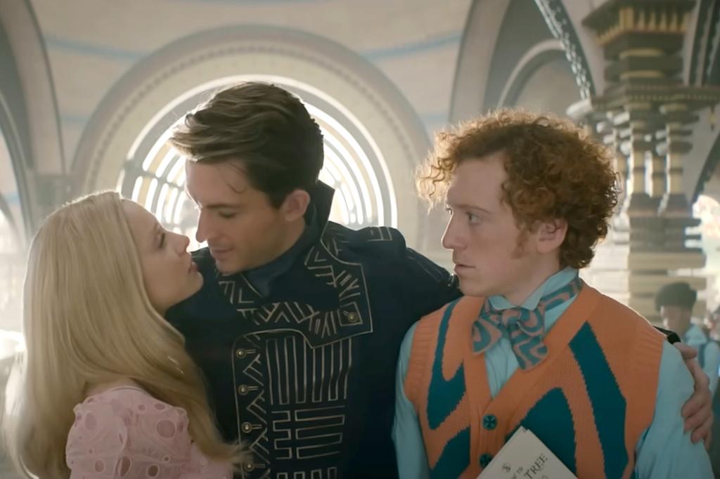 Ariana Grande, Jonathan Bailey and Ethan Slater acting in "Wicked"